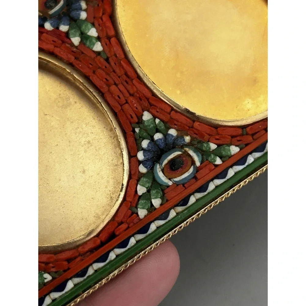 Vintage Italy Micro Mosaic Picture Frame Gold Tone Brass Double Oval Easel 3x4